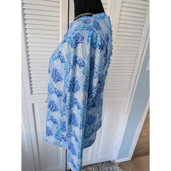 X by GOTTEX Top Womens L Blue White Ruffle Mesh Beach Long Slv Crew Shirt UPF50 - Picture 7 of 10